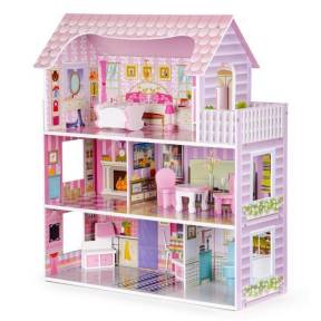 Casuta de papusi din lemn cu iluminare LED si mobilier Ecotoys HM006396