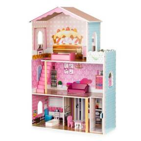 Casuta de papusi din lemn cu lift si mobilier Ecotoys W08125