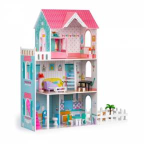 Casuta de papusi inalta din lemn cu mobilier si gradina, Ecotoys W06A379