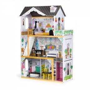 Casuta de papusi inalta din lemn cu mobilier si lift, Ecotoys W06A400
