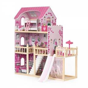 Casuta de papusi inalta din lemn cu mobilier si tobogan Ecotoys HM014075