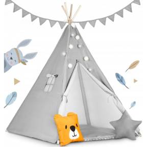 Cort De Joaca Pentru Copii Cu ghirlanda, Lumini, covoras si 2 pernite Ricokids 120 X 120 X 165 Cm - Gri - Resigilat