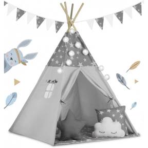 Cort de joaca pentru copii cu ghirlanda si lumini Ricokids 120 x 120 x 165 cm - Gri cu stelute 