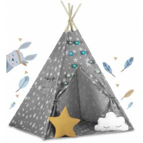 Cort de joaca pentru copii cu lumini Ricokids 120 x 120 x 165 cm - Gri cu stelute 