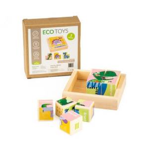 Cuburi educationale din lemn tip puzzle cu dinozauri Ecotoys MA442