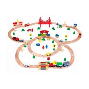 Joc Circuit din lemn, ECOTOYS HM014665, cu trenulet si masinute, 90 de elemente