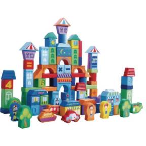 Set educational cu blocuri din lemn 100 piese orasel Ecotoys SR19001
