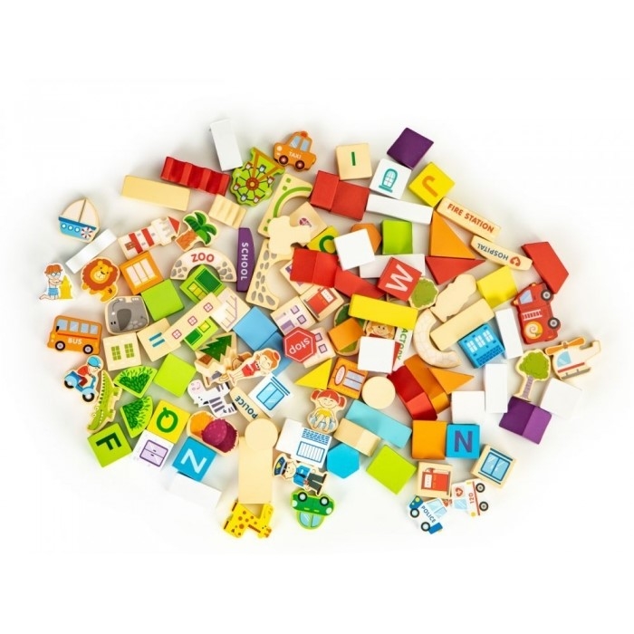 Blocuri din lemn Ecotoys HM015501 Zoo - 120 elemente