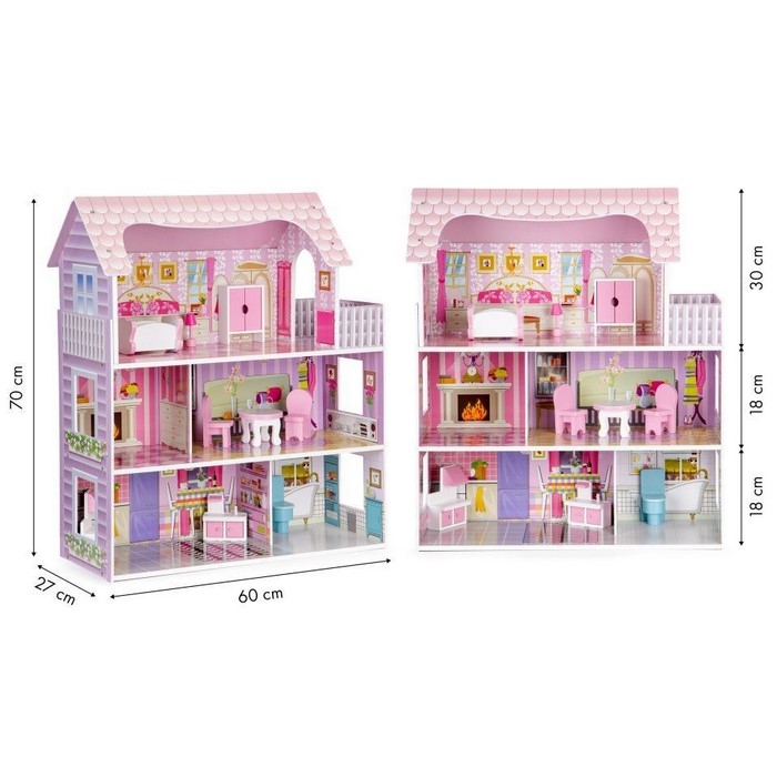 Casuta de papusi din lemn cu iluminare LED si mobilier Ecotoys HM006396