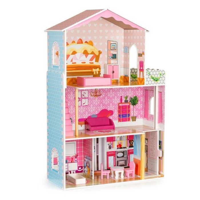 Casuta de papusi din lemn cu lift si mobilier Ecotoys W08125