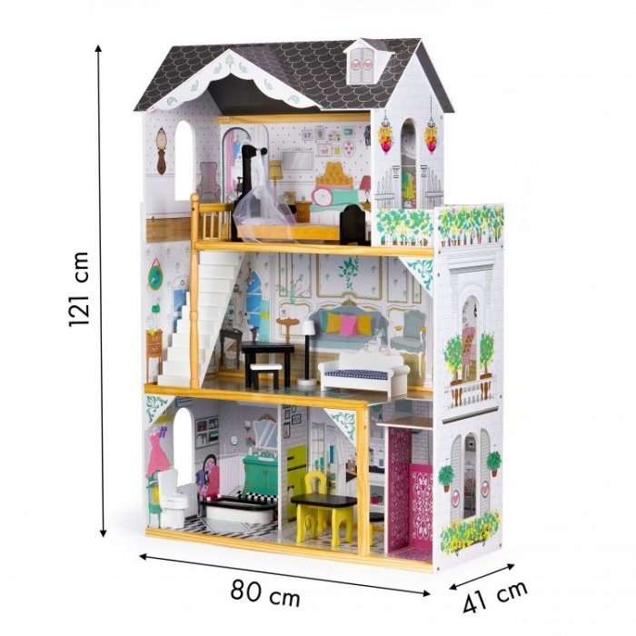 Casuta de papusi inalta din lemn cu mobilier si lift, Ecotoys W06A400
