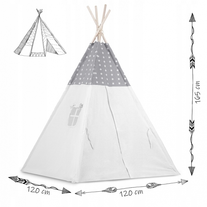 Cort de joaca pentru copii cu ghirlanda, 3 pernite si lampa LED luna, Ricokids 740400, 120 X 120 X 165 cm - Gri