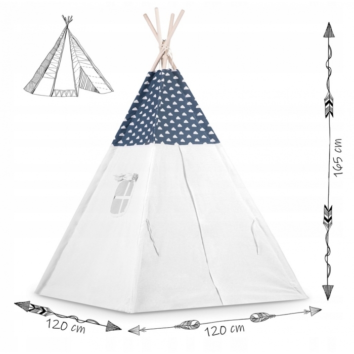 Cort de joaca pentru copii cu ghirlanda, 3 pernite si lampa LED luna, Ricokids 740404, 120 X 120 X 165 cm - Bleumarin