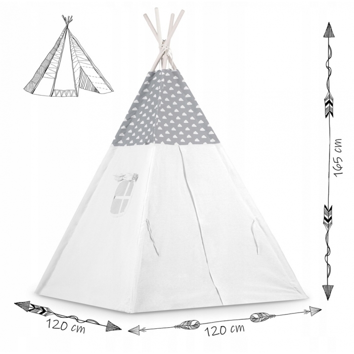 Cort de joaca pentru copii cu ghirlanda, 3 pernite si lampa LED norisor, Ricokids 740401, 120 X 120 X 165 cm - Gri