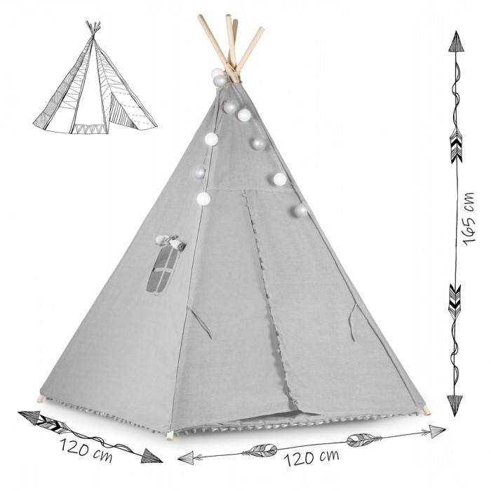 Cort De Joaca Pentru Copii Cu ghirlanda, Lumini, covoras si 2 pernite Ricokids 120 X 120 X 165 Cm - Gri