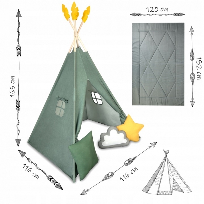 Cort de joaca pentru copii cu ghirlanda si 3 pernite Nukido 116 x 116 x 165 cm - Verde