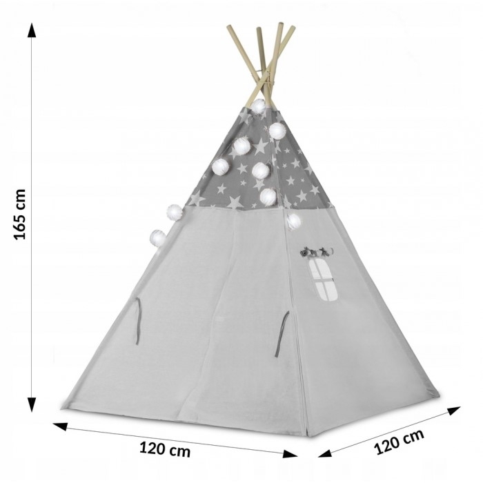 Cort de joaca pentru copii cu ghirlanda si lumini Ricokids 120 x 120 x 165 cm - Gri cu stelute 