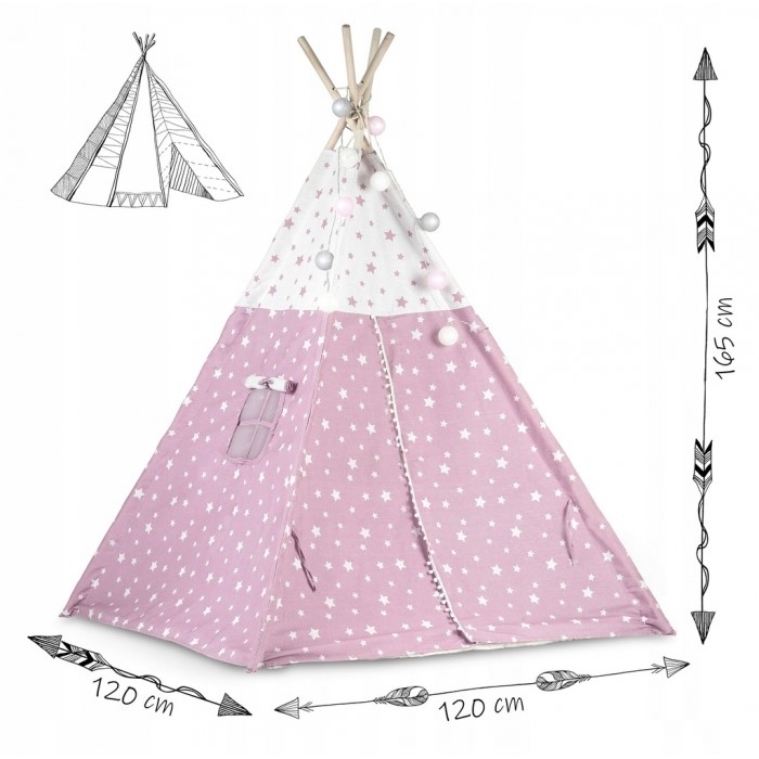 Cort De Joaca Pentru Copii Cu Lumini, Covoras si 3 pernite Ricokids 120 X 120 X 165 Cm - Roz Cu Stelute