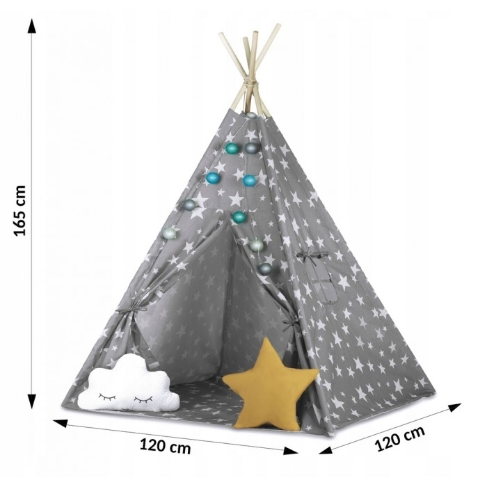 Cort de joaca pentru copii cu lumini Ricokids 120 x 120 x 165 cm - Gri cu stelute 