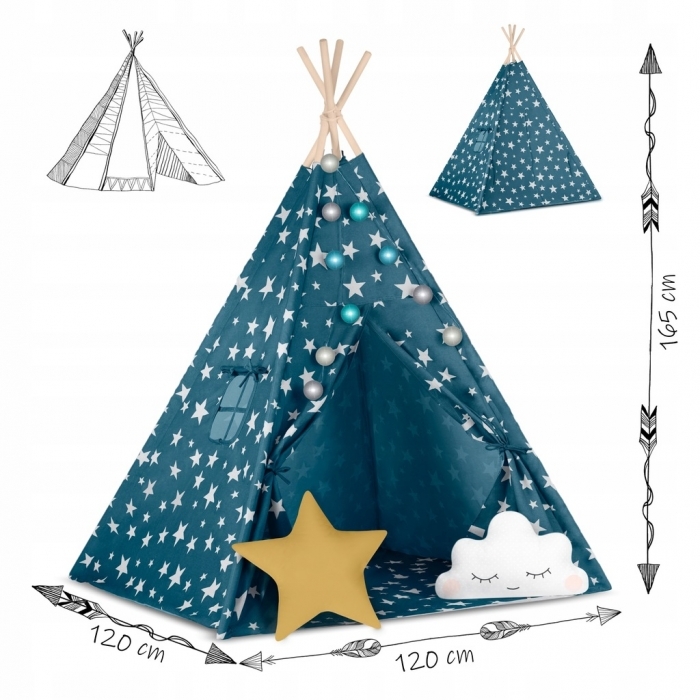Cort de joaca pentru copii cu lumini si 2 pernite Nukido 120 x 120 x 165 cm - Bleumarin cu stelute 