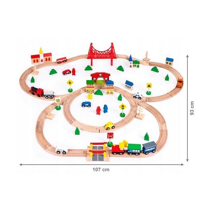 Joc Circuit din lemn, ECOTOYS HM014665, cu trenulet si masinute, 90 de elemente