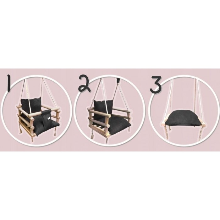 Leagan pentru copii 3 in 1 cu cadru din lemn cu perna moale Ecotoys 363620 - Gri