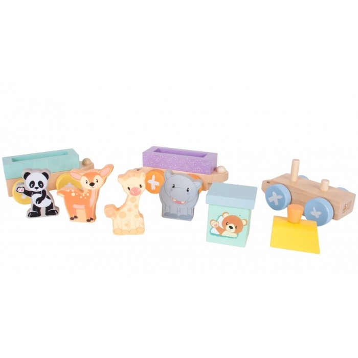 Locomotiva din lemn cu 2 vagoane si animalute Sun Baby 067