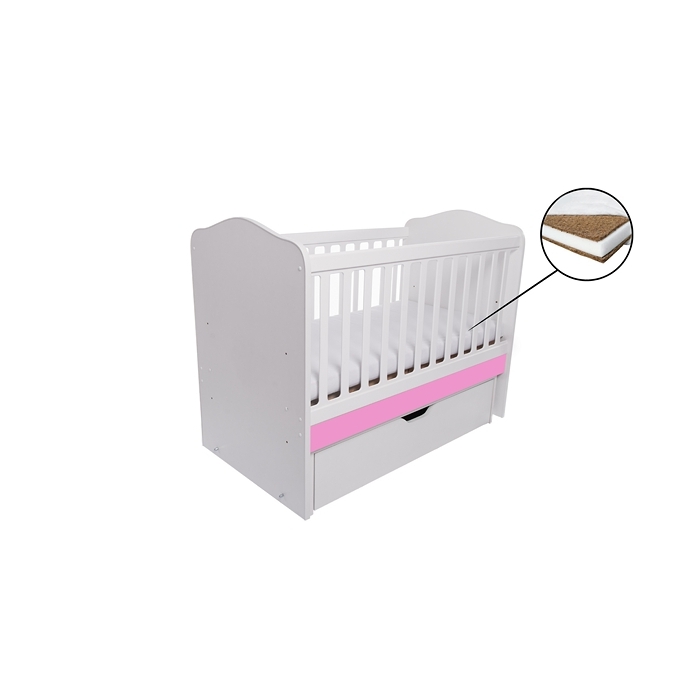 Patut VESSANTI Como Balansoar - Alb cu Roz + Saltea cocos confort 120 x 60 x 12 cm