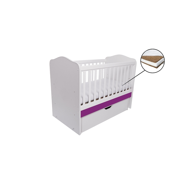 Patut VESSANTI Como Balansoar - Alb cu Violet + Saltea cocos confort 120 x 60 x 12 cm