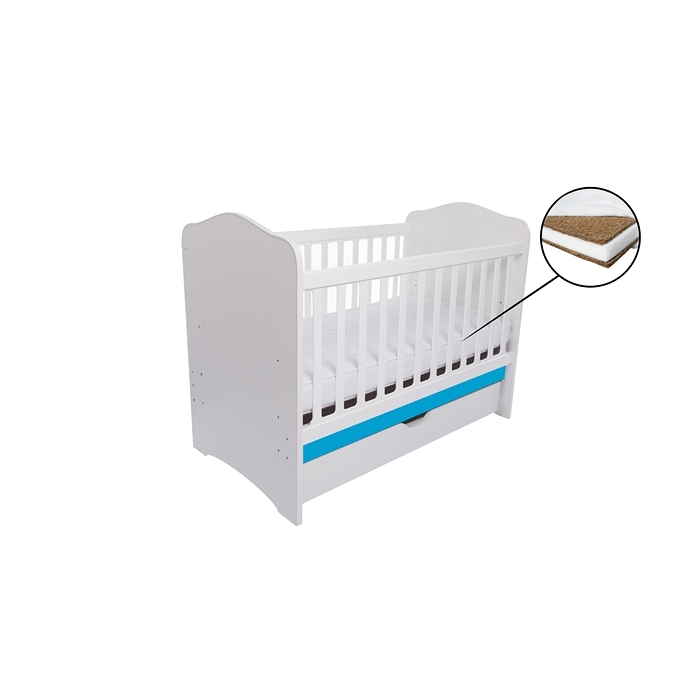 Patut VESSANTI Como cu sertar - Alb cu Albastru + Saltea cocos confort 120 x 60 x 12 cm
