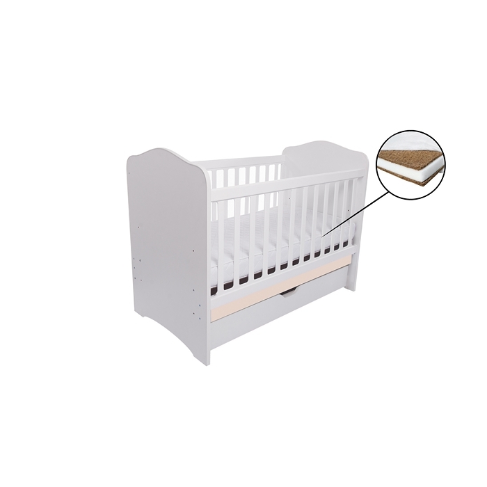 Patut VESSANTI Como cu sertar - Alb cu Bej + Saltea cocos confort 120 x 60 x 12 cm