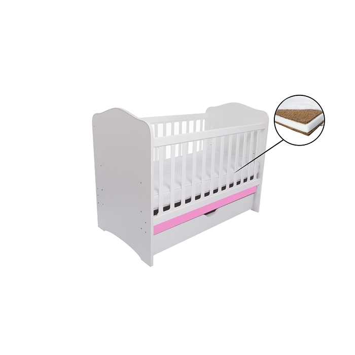 Patut VESSANTI Como cu sertar - Alb cu Roz + Saltea cocos confort 120 x 60 x 12 cm