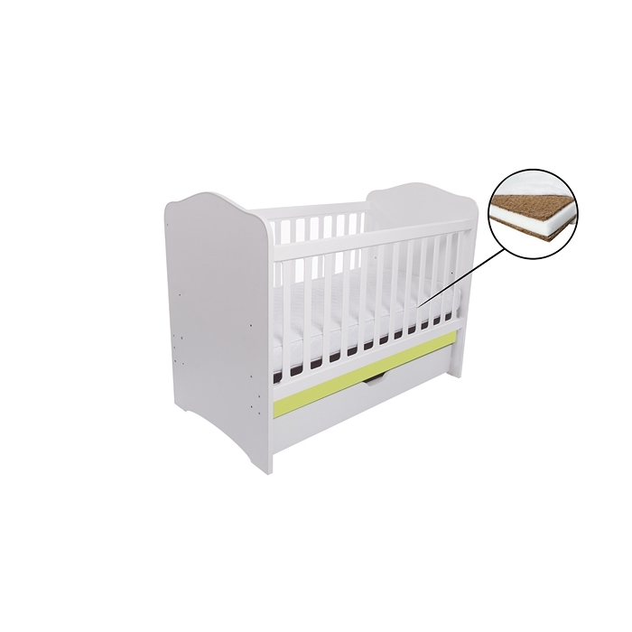 Patut VESSANTI Como cu sertar - Alb cu Verde + Saltea cocos confort 120 x 60 x 12 cm