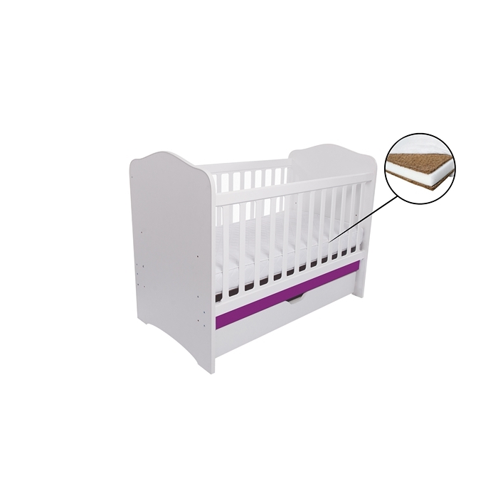 Patut VESSANTI Como cu sertar - Alb cu Violet + Saltea cocos confort 120 x 60 x 12 cm
