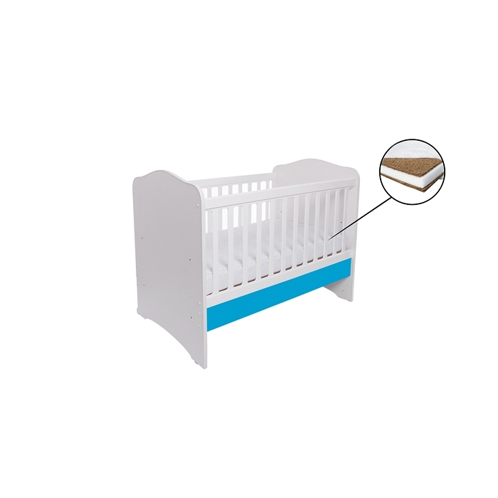 Patut VESSANTI Como fara sertar - Alb cu Albastru + Saltea cocos confort 120 x 60 x 12 cm
