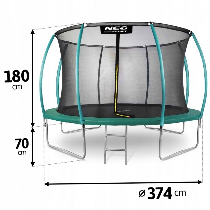 Trambulina de gradina cu plasa interioara, stalpi si scara 374 cm (12FT) Neo-Sport NS-12C181 - Verde