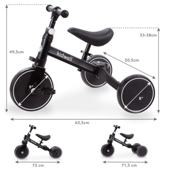 Tricicleta cu pedale 3 in 1 Kidwell Pico Black - Resigilat (urme de montaj)