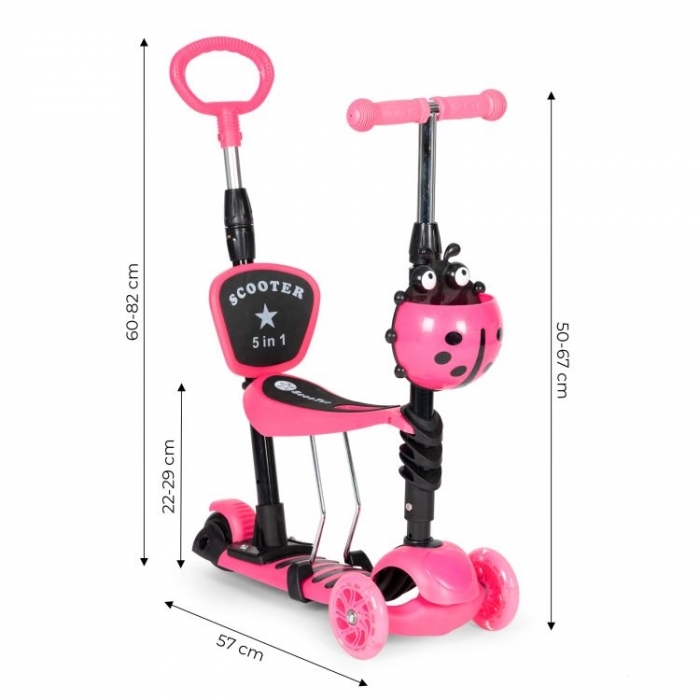 Trotineta 5 in 1 cu sezut si 3 roti cu LED Ecotoys YM-SW-6 - Roz